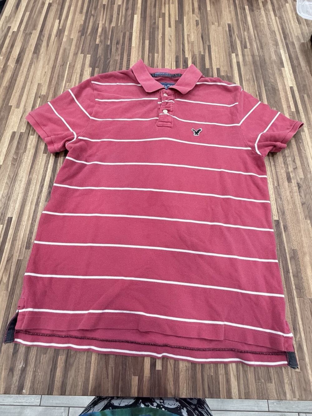 Y2K American Eagle Vintage Fit Red White Striped Eagle Polo Shirt Sz XL